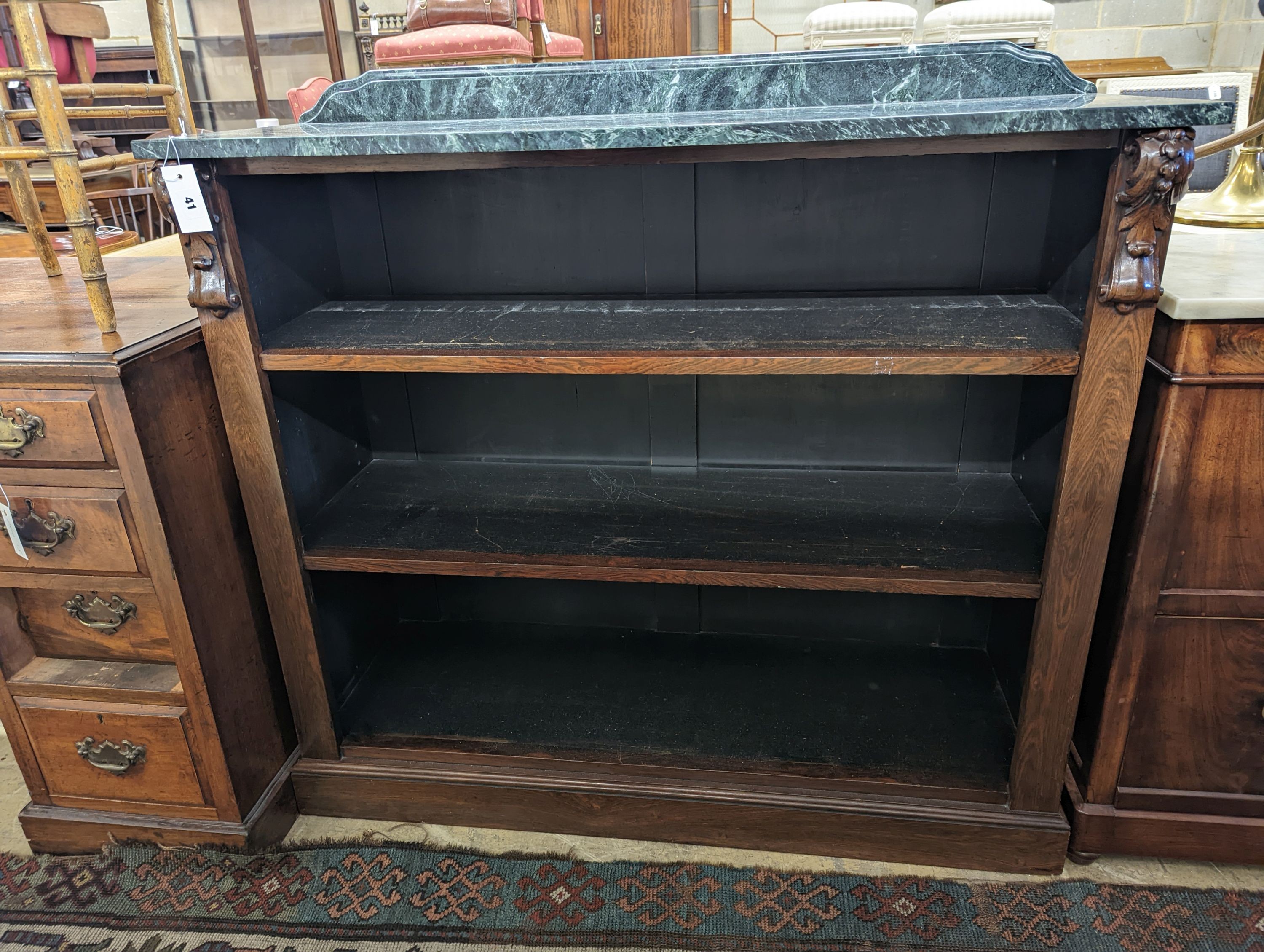 A Victorian rosewood dwarf open bookcase (replacement marble), width 110cm, depth 40cm, height 106cm